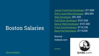 Junior Front-End Developer: $71,800
Entry Level Web Developer: $85,400
Web Developer: $91,300
Full Stack Developer: $107,300
Senior Web Developer: $107,400
Front End Developer: $110,100
Back End Developer: $119,600
Source:
Indeed.com
Boston Salaries
about.me/babon
 