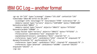 IBM GC Log – another format
<gc-op id="139" type="scavenge" timems="335.610" contextid="136"
timestamp="2016-06-15T15:51:10.128">
<scavenger-info tenureage="4" tenuremask="7ff0" tiltratio="58" />
<memory-copied type="nursery" objects="11071048" bytes="448013400"
bytesdiscarded="88016" />
<memory-copied type="tenure" objects="286673" bytes="9771936"
bytesdiscarded="320608" />
<copy-failed type="nursery" objects="286673" bytes="9771936" />
<finalization candidates="112" enqueued="16" />
<ownableSynchronizers candidates="8111" cleared="11" />
<references type="soft" candidates="1256" cleared="0" enqueued="0"
dynamicThreshold="32" maxThreshold="32" />
<references type="weak" candidates="2953" cleared="0" enqueued="0" />
<references type="phantom" candidates="142406" cleared="142335"
enqueued="142335" />
</gc-op>
 