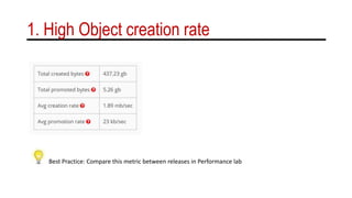 1. High Object creation rate
Best Practice: Compare this metric between releases in Performance lab
 