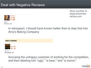 Deal with Negative Reviews
                                                      Story courtesy of
                                                      blogs.phoenixne
                                                      wtimes.com




     In retrospect, I should have known better than to step foot into
     Amy's Baking Company




     Accusing the unhappy customer of working for the competition,
     and then labeling him "ugly," “a loser," and “a moron."

29
 