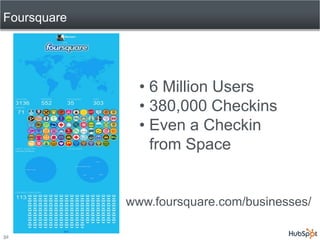 Foursquare




               • 6 Million Users
               • 380,000 Checkins
               • Even a Checkin
                 from Space


             www.foursquare.com/businesses/

32
 