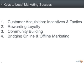 4 Keys to Local Marketing Success




1.   Customer Acquisition: Incentives & Tactics
2.   Rewarding Loyalty
3.   Community Building
4.   Bridging Online & Offline Marketing




5
 