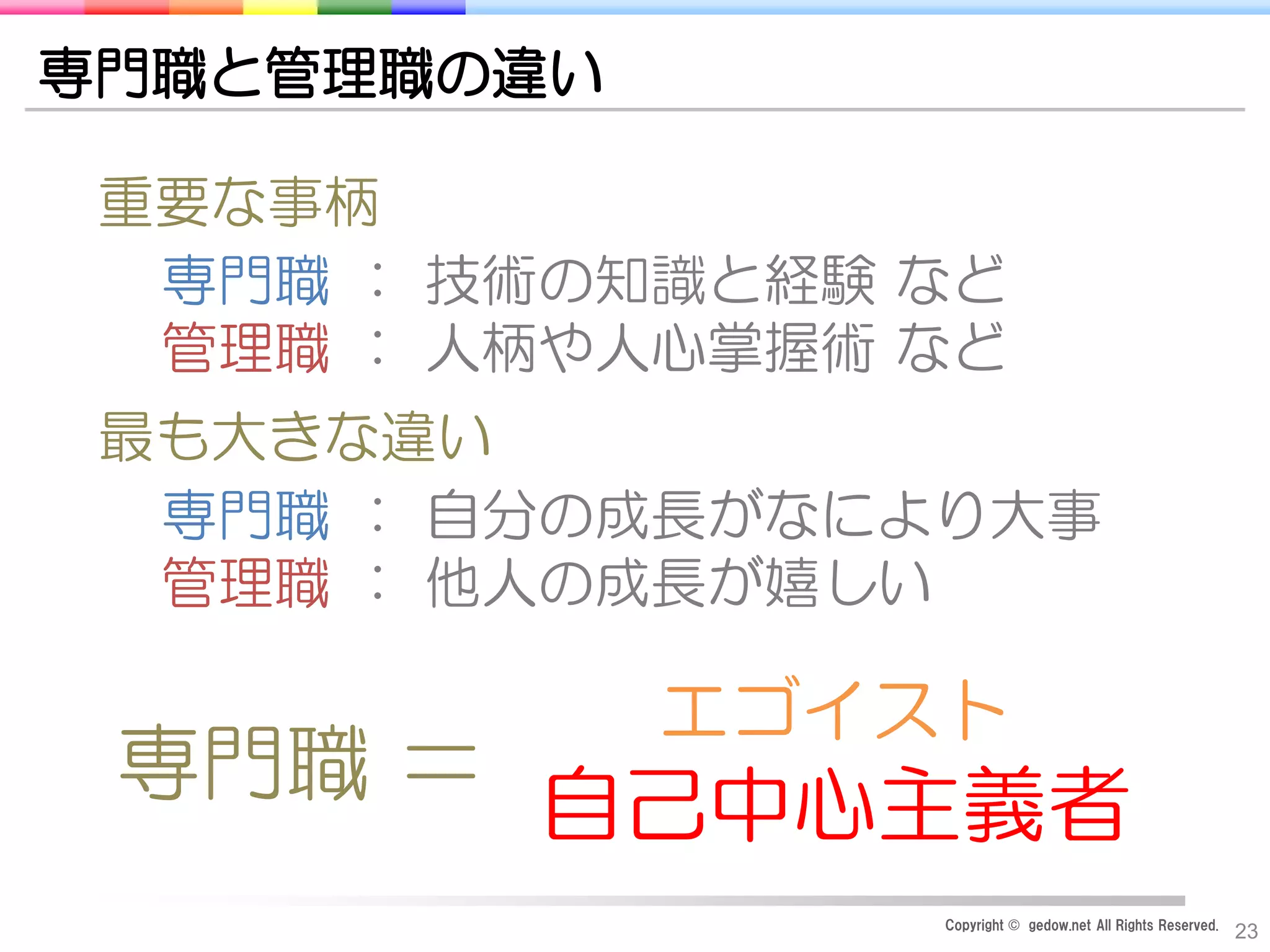 Copyright © gedow.net All Rights Reserved.
23
専門職と管理職の違い
重要な事柄
専門職 ： 技術の知識と経験 など
管理職 ： 人柄や人心掌握術 など
最も大きな違い
専門職 ： 自分の成長がなにより大事
管理職 ： 他人の成長が嬉しい
エゴイスト
自己中心主義者専門職 ＝
 