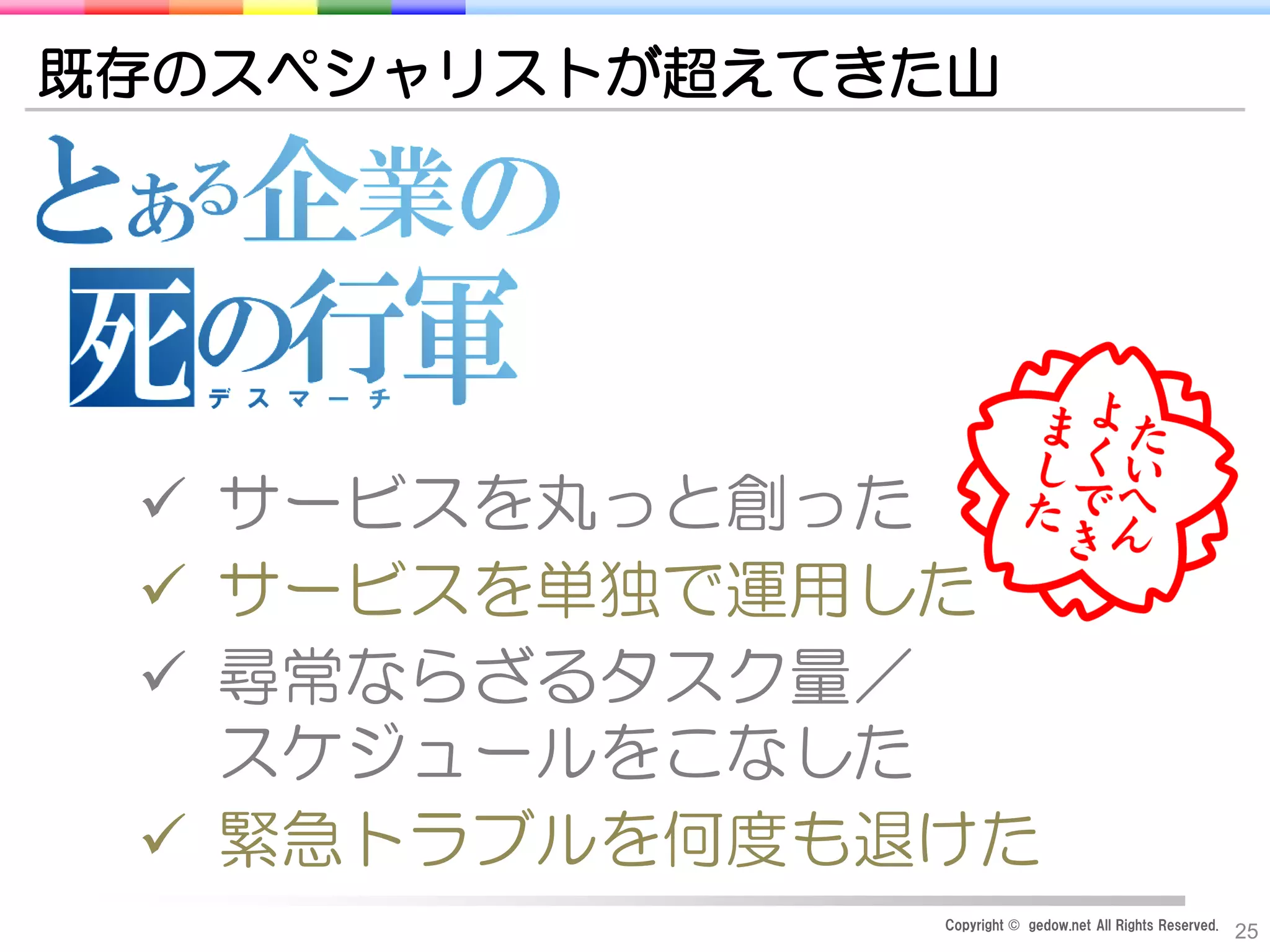 Copyright © gedow.net All Rights Reserved.
25
既存のスペシャリストが超えてきた山
 サービスを丸っと創った
 サービスを単独で運用した
 尋常ならざるタスク量／
スケジュールをこなした
 緊急トラブルを何度も退けた
 