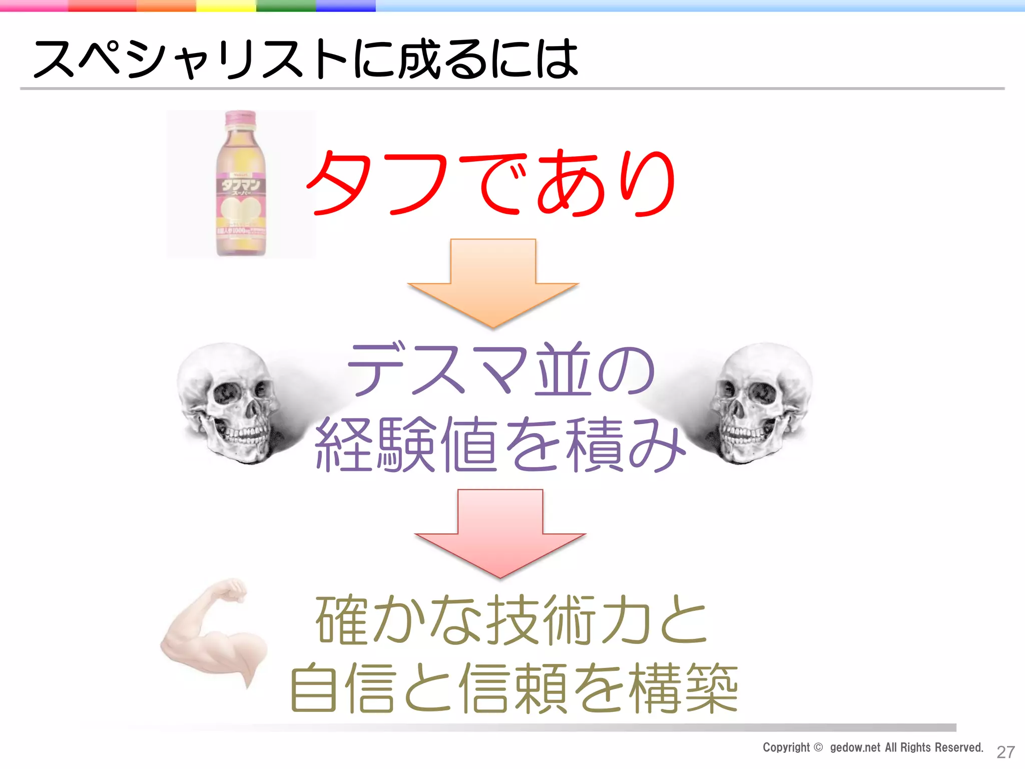 Copyright © gedow.net All Rights Reserved.
27
スペシャリストに成るには
タフであり
デスマ並の
経験値を積み
確かな技術力と
自信と信頼を構築
 