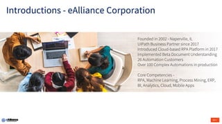 Founded in 2002 - Naperville, IL
UiPath Business Partner since 2017
Introduced Cloud-based RPA Platform in 2017
Implemented Beta Document Understanding
26 Automation Customers
Over 100 Complex Automations in production
Core Competencies -
RPA, Machine Learning, Process Mining, ERP,
BI, Analytics, Cloud, Mobile Apps
Introductions - eAlliance Corporation
 