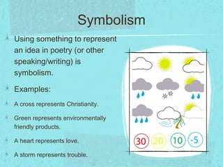 Symbolism
Using something to represent
an idea in poetry (or other
speaking/writing) is
symbolism.

Examples:
A cross represents Christianity.

Green represents environmentally
friendly products.

A heart represents love.

A storm represents trouble.
 