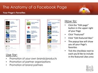 The Anatomy of a Facebook PageCustom Tabs – Robust Welcome Page(We recommend Free Fan Page tool from Wix.comOR Custom Tab tool from HyperArts)