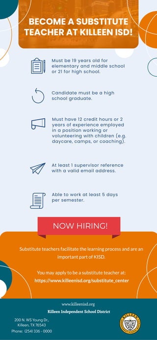 BECOME A SUBSTITUTE
TEACHER AT KILLEEN ISD!
Substitute teachers facilitate the learning process and are an
important part of KISD.
You may apply to be a substitute teacher at:
 https://www.killeenisd.org/substitute_center
NOW HIRING!
Must be 19 years old for
elementary and middle school
or 21 for high school.
Candidate must be a high
school graduate.
Must have 12 credit hours or 2
years of experience employed
in a position working or
volunteering with children (e.g.
daycare, camps, or coaching).
At least 1 supervisor reference
with a valid email address.
Able to work at least 5 days
per semester.
www.killeenisd.org
Killeen Independent School District
200 N. WS Young Dr.,
Killeen, TX 76543
Phone:  (254) 336 - 0000
 