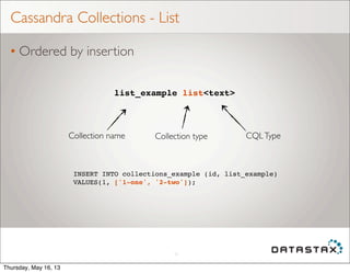 Cassandra Collections - List
• Ordered by insertion
10
list_example list<text>
Collection name Collection type CQLType
INS...