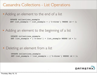 Cassandra Collections - List Operations
• Adding an element to the end of a list
11
UPDATE collections_example
SET list_ex...