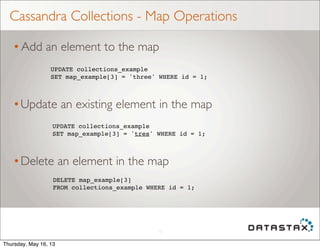 Cassandra Collections - Map Operations
• Add an element to the map
13
UPDATE collections_example
SET map_example[3] = 'thr...