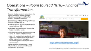 Operations – Room to Read (RTR)– Finance
Transformation
Room to Read’s mission is to transform the
lives of millions of ch...