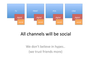 TV	
                          PRINT	
               POS	
                  CRM	
  


     digital	
                     digital	
             digital	
             digital	
  

         social	
                     social	
                social	
               social	
  




            All	
  channels	
  will	
  be	
  social	
  

                      We	
  don’t	
  believe	
  in	
  hypes..	
  	
  
                       (we	
  trust	
  friends	
  more)	
  
 