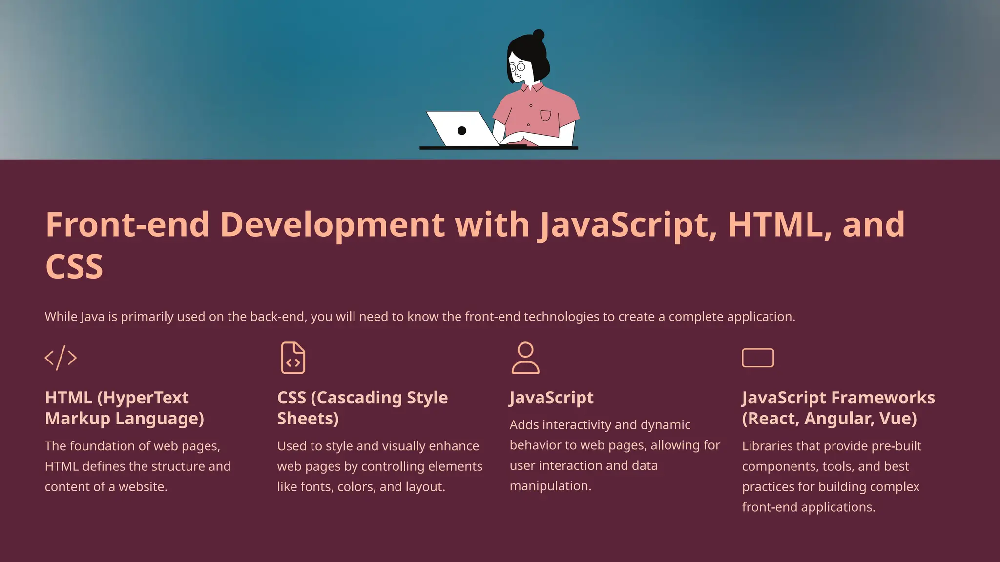 Front-end Development with JavaScript, HTML, and
CSS
While Java is primarily used on the back-end, you will need to know the front-end technologies to create a complete application.
HTML (HyperText
Markup Language)
The foundation of web pages,
HTML defines the structure and
content of a website.
CSS (Cascading Style
Sheets)
Used to style and visually enhance
web pages by controlling elements
like fonts, colors, and layout.
JavaScript
Adds interactivity and dynamic
behavior to web pages, allowing for
user interaction and data
manipulation.
JavaScript Frameworks
(React, Angular, Vue)
Libraries that provide pre-built
components, tools, and best
practices for building complex
front-end applications.
 