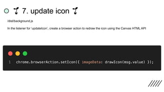 🌱 7. update icon 🌱
/dist/background.js
In the listener for ‘updateIcon’, create a browser action to redraw the icon using the Canvas HTML API
 