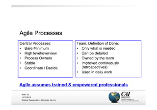 Agile Processes
Central Processes:
• Bare Minimum
• High level/overview
• Process Owners
• Stable
• Coordinate / Decide

T...