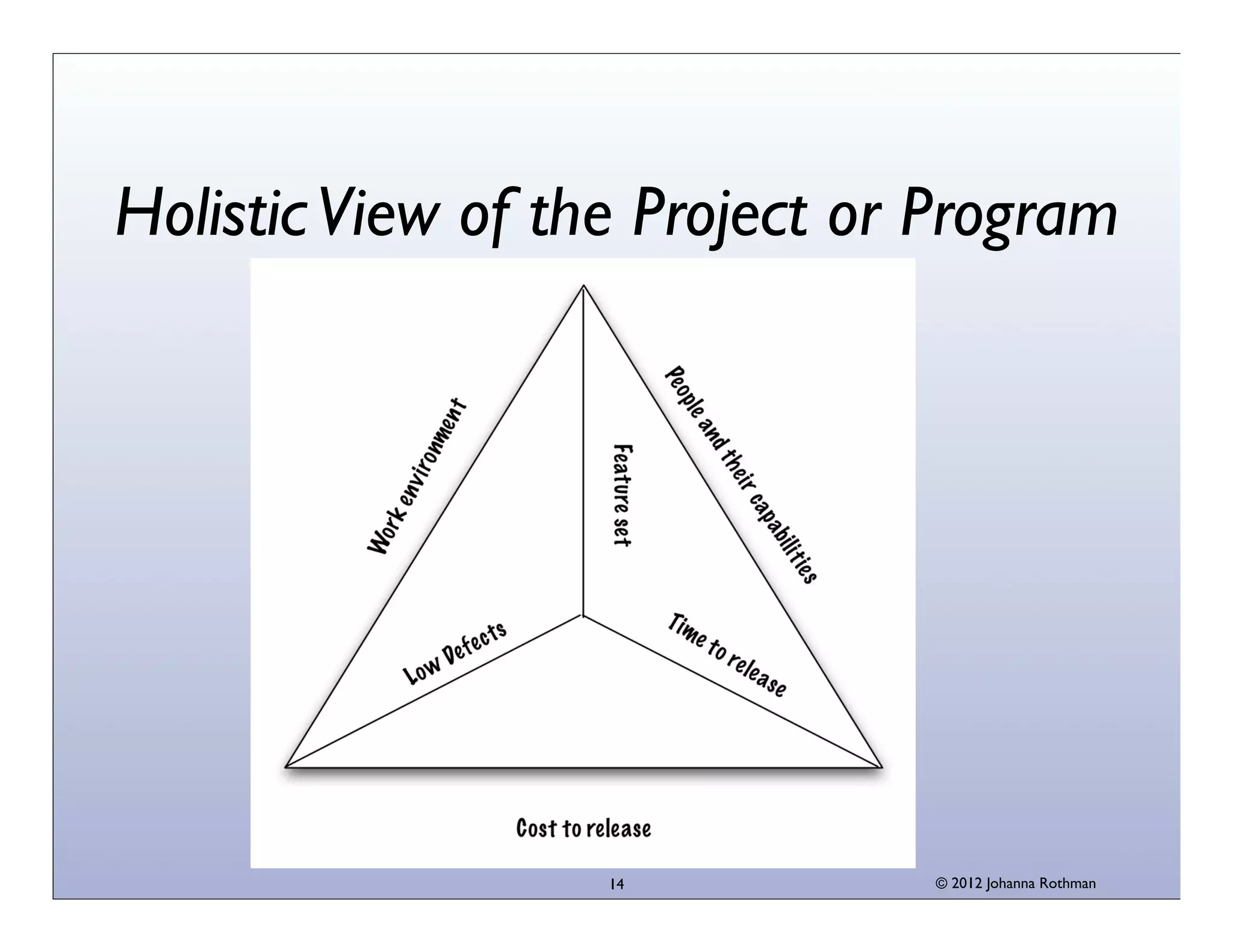 © 2013 Johanna Rothman
HolisticView of the Project or Program
14
 