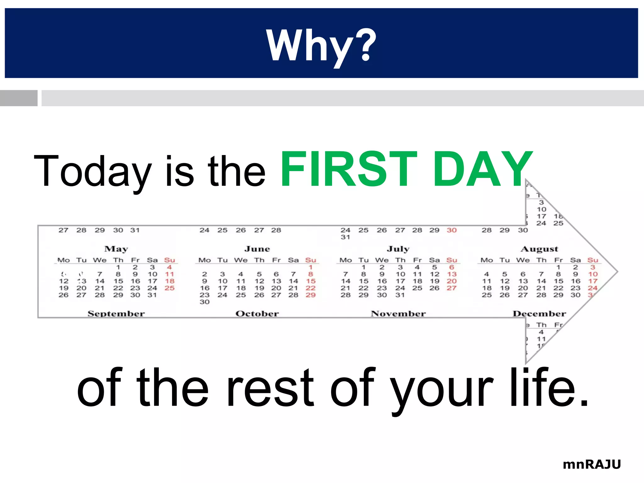 Why?
Today is the FIRST DAY
1st
Day

of the rest of your life.
mnRAJU

 