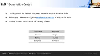 PMP® Examination Centers
Ahmedabad Allahabad
Chennai Gurgaon
Kolkata Mumbai
Bangalore Hyderabad
 Once application and payment is accepted, PMI sends link to schedule the exam
 Alternatively, candidate can log in to www.Prometric.com/pmi to schedule the exam
 In India, Prometric centers are at the following location:
PMP® and PMBOK ® are registered trademarks of the Project Management Institute, Inc. www.edureka.co/pmp
edureka!
 