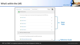 Slide 20
What’s within the LMS
Mock
Tests
Reference Guide
PMP® and PMBOK ® are registered trademarks of the Project Management Institute, Inc. www.edureka.co/pmp
edureka!
 