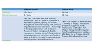 Name Lakshmi Srinivas Shekhar Raut
Experience 10+ Years 16+ Years
Training Experience 7+ Years 10+ Years
Description
Certified “PMI- PgMP, PMP, ACP, and RMP
Professional” with 9.5 years of experience in
Project Management, Quality and Process
Management. Currently working with a reputed
organization as Senior Consultant - Technology.
A thorough implementer with abilities in
Program / Project management, Quality
management focusing on maximizing customer
satisfaction, process compliance and business
value articulation; comprehensive experience
in leading teams & multiple projects.
"More than 16 years of experience in
IT industry in project, product and
program management. Holds
international certification PMP
(Project Management Professional)
from Project Management Institute,
USA. Expertise in Telecom VAS and
Telecom Billing Project Delivery
 