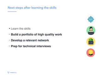 Next steps after learning the skills
• Learn the skills
• Build a portfolio of high quality work
• Develop a relevant network
• Prep for technical interviews
 