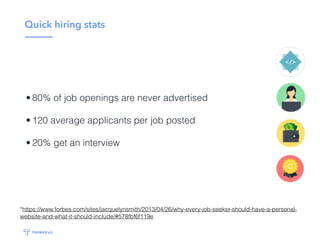 Getting the interview
We recommend a job-search process that includes
carefully identifying opportunities, networking asking
for feedback, and eventually getting referrals
 