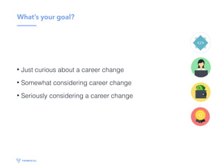 What’s your goal?
• Just curious about a career change
• Somewhat considering career change
• Seriously considering a career change
 