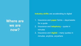 What we’ll
cover
Where are
we are
now?
Industry shifts are accelerating to digital
1. Insurance and paper forms – days/weeks
for a quote
2. Insurance and telephony – quote in
minutes
3. Insurance and digital – many quotes in
minutes, anytime, anywhere
 