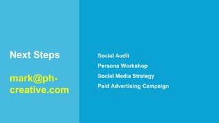 Next Steps
mark@ph-
creative.com
Social Audit
Persona Workshop
Social Media Strategy
Paid Advertising Campaign
 