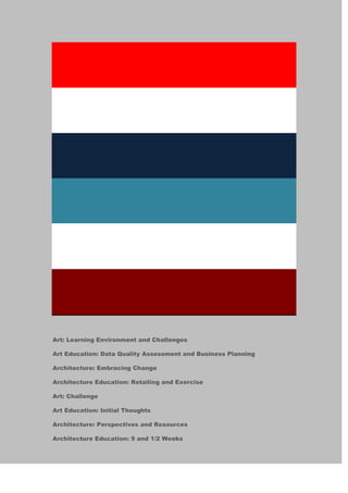 Art: Learning Environment and Challenges
Art Education: Data Quality Assessment and Business Planning
Architecture: Embracing Change
Architecture Education: Retailing and Exercise
Art: Challenge
Art Education: Initial Thoughts
Architecture: Perspectives and Resources
Architecture Education: 9 and 1/2 Weeks

 