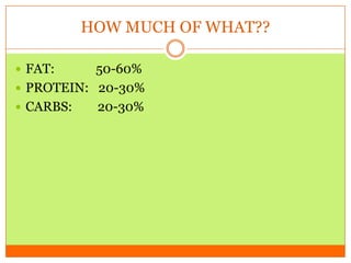 HOW MUCH OF WHAT??
 FAT: 50-60%
 PROTEIN: 20-30%
 CARBS: 20-30%
 