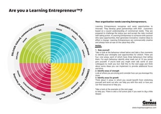 Are you a Learning Entrepreneur™?
www.inspireyourgenius.com
FOCUS
SOLV
E
SIMPLIFYPARTNER
EXCH
ANGE
NETWORKSELL
DEMONST
RATE
INSPIRE
EXPLORE
SHAP
E
DO
PINPOINT: Trends,
needs&readinessCONNECT:Ideas,p
eople&resourcesPROMOTE:Theva
lueoflearning
DELIVER:Valued,co
m
m
ercial solutions
Your organisation needs Learning Entrepreneurs.
Learning Entrepreneurs recognise and seize opportunities to
innovate. They develop great partnerships with their customers
based on a sound understanding of commercial needs. They are
prepared to challenge the status quo and accept the risks involved
with taking action. A Learning Entrepreneur is someone with passion
who sees opportunities, then generates innovative, creative ideas to
effect a change. Learning Entrepreneurs are commercially creative
and always have an eye on the value they offer.
Action
1. Rate yourself
Take a look at the behaviour wheel below and take a few moments
to identify your strengths and opportunities for stretch. There are
four core areas, each of which have three behaviours that define
them. For each behaviour identify what mark out of 10 you would
give yourself. If you’re bold you might even ask some of your
colleagues to mark you too! Add this to the next page and think
about some ideas you can implement to provide additional focus
and drive.
2. Identify areas of strength
Look at where you are strong and consider how can you leverage this
more
3. Identify areas for growth
Think about 3 areas in which you would benefit from stretching
yourself and work out who can help you with this and/ or how you
can find resources to help you.
Take a look at the example on the next page
to help you. There is also a full action plan if you want to dig a little
deeper.
 