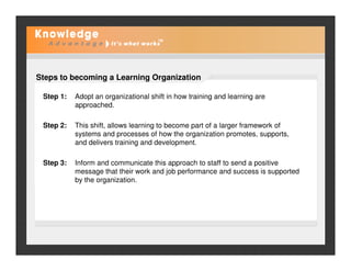 Steps to becoming a Learning Organization
Step 1: Adopt an organizational shift in how training and learning are
approached.
Step 2: This shift, allows learning to become part of a larger framework of
systems and processes of how the organization promotes, supports,systems and processes of how the organization promotes, supports,
and delivers training and development.
Step 3: Inform and communicate this approach to staff to send a positive
message that their work and job performance and success is supported
by the organization.
 