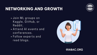 NETWORKING AND GROWTH
Join ML groups on
Kaggle, GitHub, or
Reddit.
Attend AI events and
conferences.
Follow experts and
read blogs.
@IABAC.ORG
 