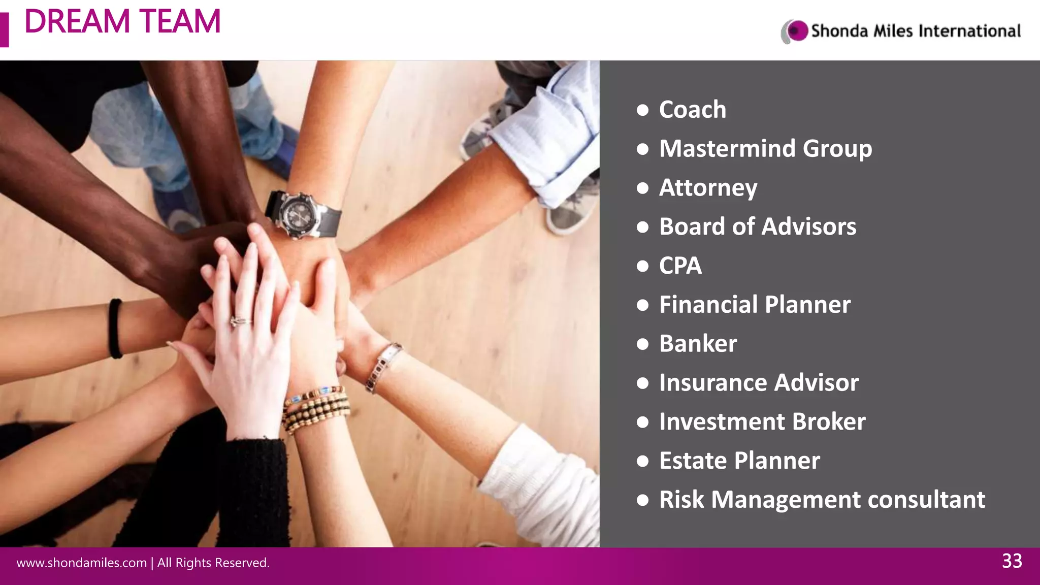 DREAM TEAM
www.shondamiles.com | All Rights Reserved. 33
● Coach
● Mastermind Group
● Attorney
● Board of Advisors
● CPA
● Financial Planner
● Banker
● Insurance Advisor
● Investment Broker
● Estate Planner
● Risk Management consultant
 