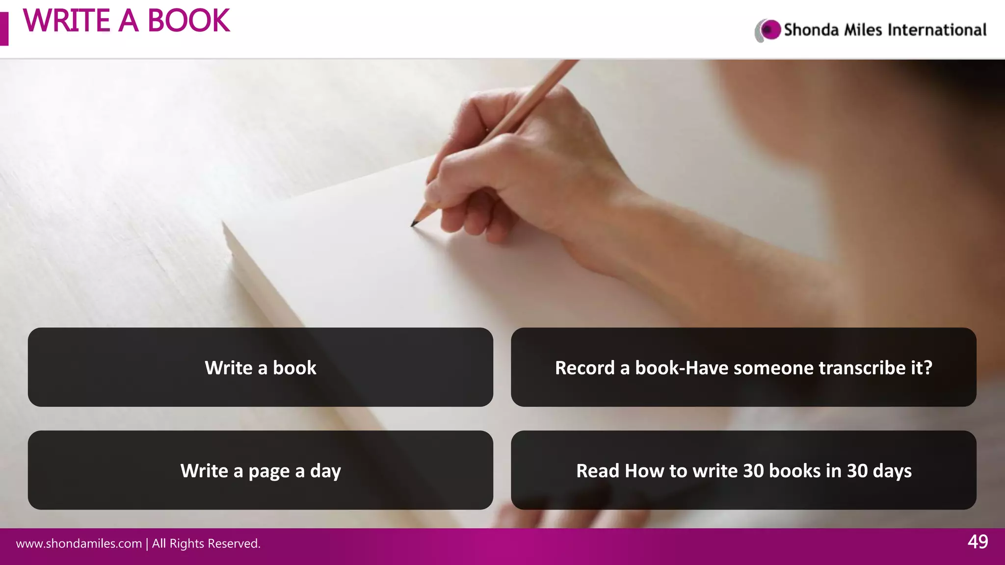 WRITE A BOOK
www.shondamiles.com | All Rights Reserved. 49
Write a book
Write a page a day
Record a book-Have someone transcribe it?
Read How to write 30 books in 30 days
 