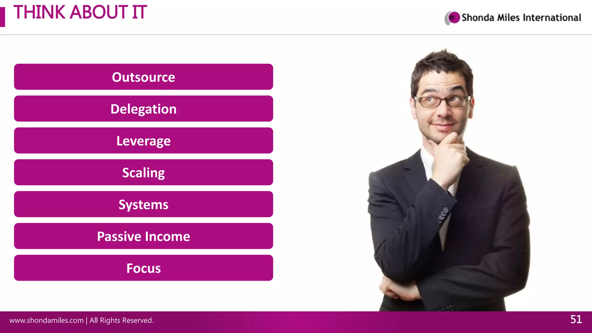 THINK ABOUT IT
www.shondamiles.com | All Rights Reserved. 51
Outsource
Delegation
Leverage
Scaling
Systems
Passive Income
Focus
 