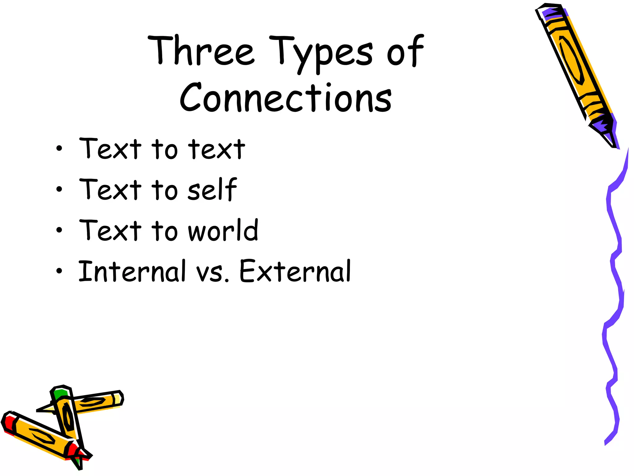Three Types of Connections Text to text Text to self Text to world Internal vs. External