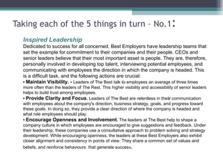 Taking each of the 5 things in turn – No.1:
Inspired Leadership
Dedicated to success for all concerned, Best Employers hav...