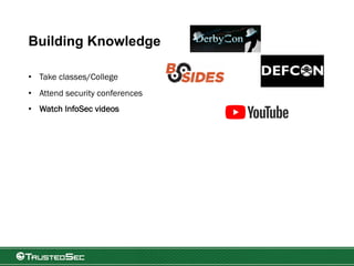 Building Knowledge
• Take classes/College
• Attend security conferences
• Watch InfoSec videos
 
