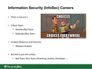 Information Security (InfoSec) Careers
• There is not just 1.
• 2 Basic Types
• Attacker/Red Team
• Defender/Blue Team
• Incident Response and Forensics
• Malware Analysis
• But that is just the surface.
• Red Team, Blue Team, Pentesting, Auditor, Developer, …
 