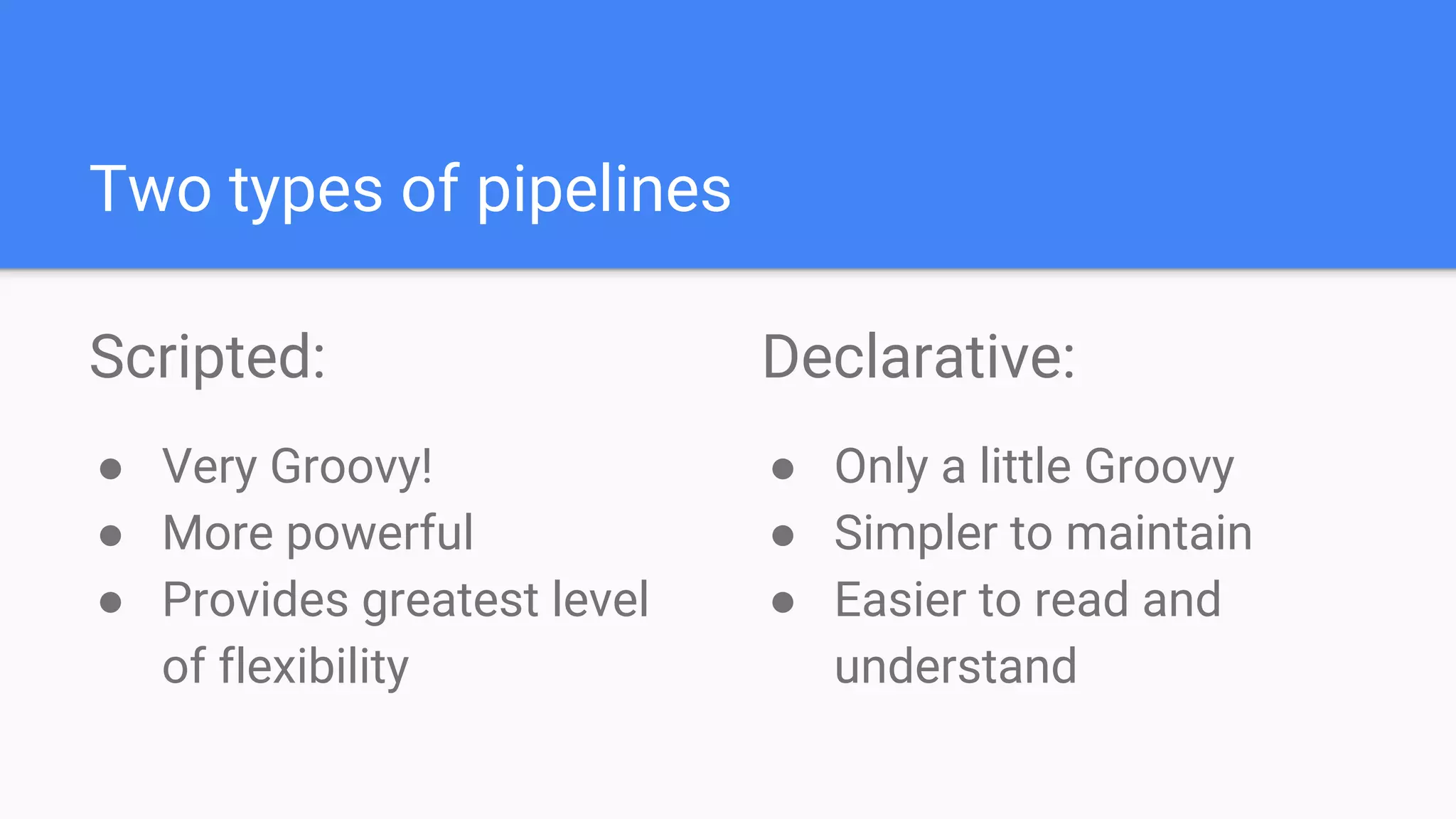 Two types of pipelines
Scripted:
● Very Groovy!
● More powerful
● Provides greatest level
of flexibility
Declarative:
● Only a little Groovy
● Simpler to maintain
● Easier to read and
understand
 