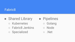 Fabric8
● Shared Library
○ Kubernetes
○ Fabric8 Jenkins
○ Specialized
● Pipelines
○ Golang
○ Node
○ .Net
 