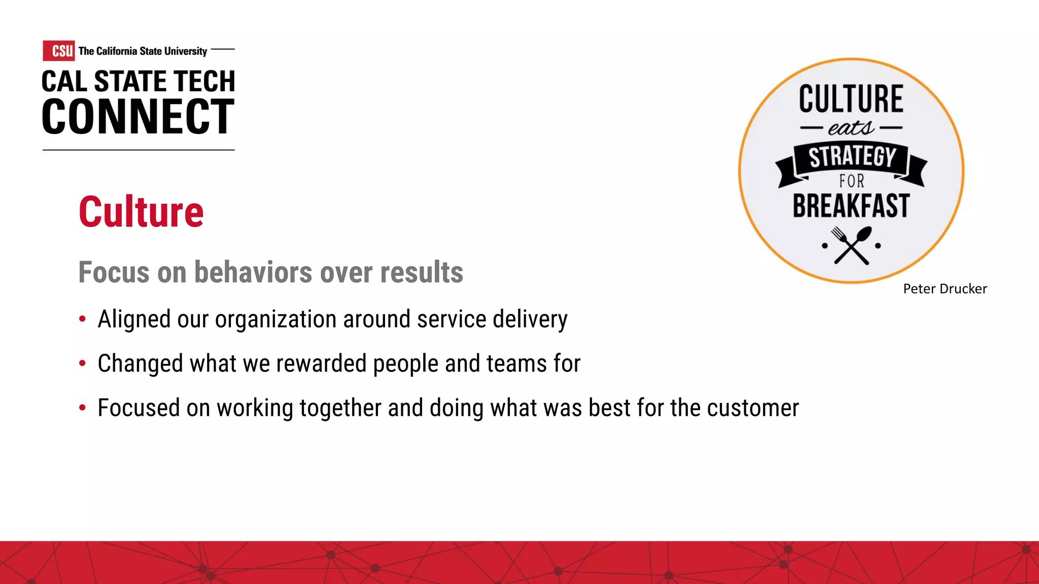 Culture
Focus on behaviors over results
• Aligned our organization around service delivery
• Changed what we rewarded people and teams for
• Focused on working together and doing what was best for the customer
Peter Drucker
 