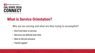 What is Service Orientation?
Who are we serving and what are they trying to accomplish?
• One front door to service
• Services are defined and clear
• Idea to Service process
• Tiered support
 