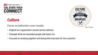 Culture
Focus on behaviors over results
• Aligned our organization around service delivery
• Changed what we rewarded people and teams for
• Focused on working together and doing what was best for the customer
Peter Drucker
 