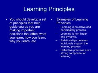 Learning Principles You should develop a set of principles that help guide you as you are making important decisions that affect what you learn, how you learn, why you learn, etc.  Examples of Learning Principles Learning is an active and participatory process. Learning is non-linear and dynamic. Relationships between individuals support the learning process. Reflective practices are a strong component of learning. 