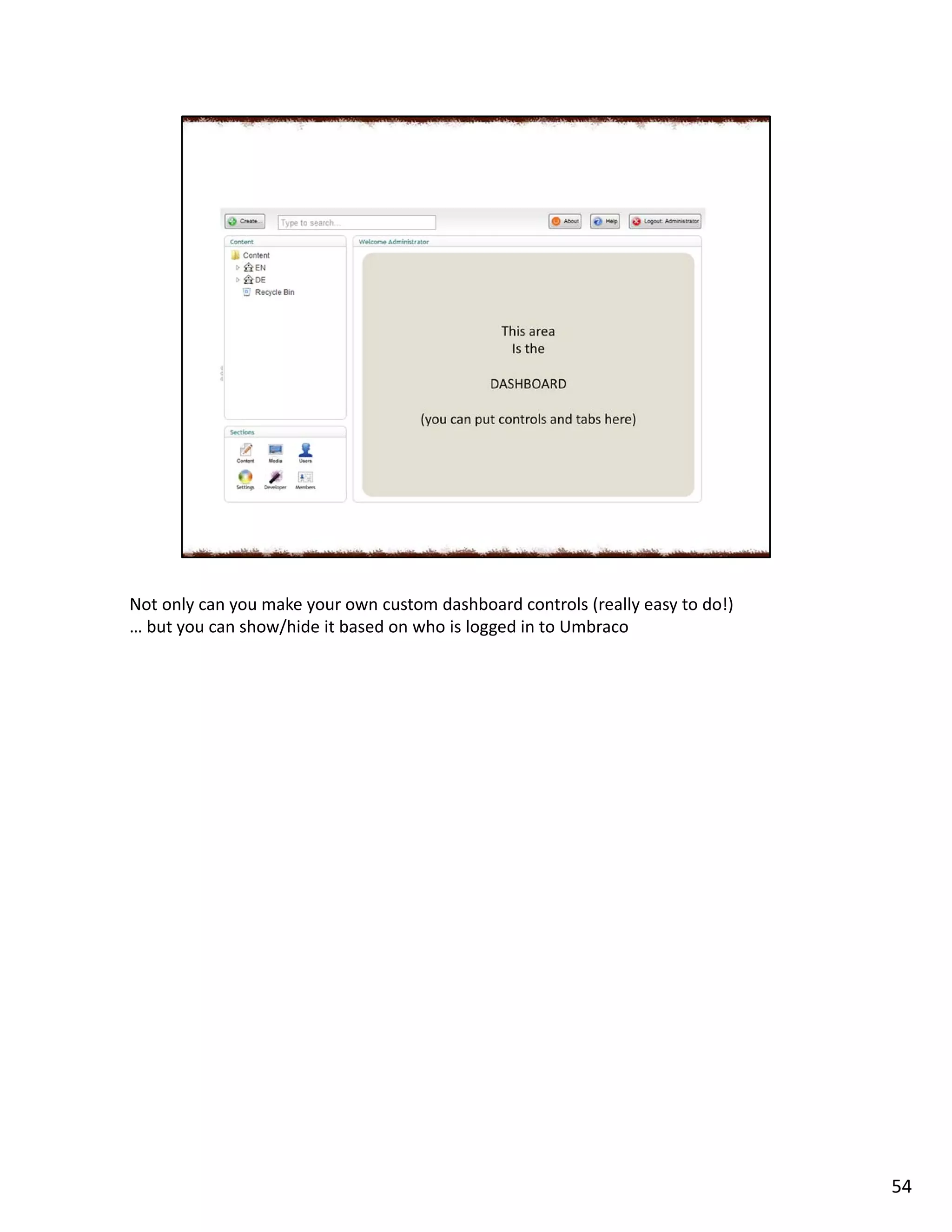 Not only can you make your own custom dashboard controls (really easy to do!)
… but you can show/hide it based on who is logged in to Umbraco
54
 